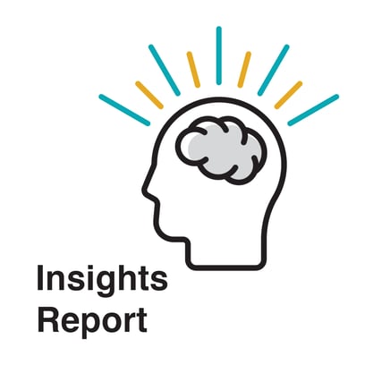 Insights report graphic icon showing human brain with energy emitting from it. 