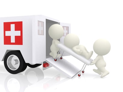 3D emergency ambulance assisting a guy - isolated over a white background
