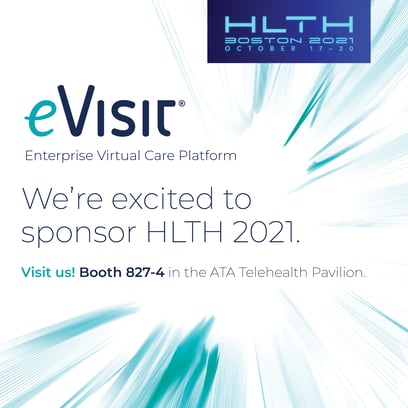 eVisit first-time at HLTH21 conference with booth number and HLTH logo